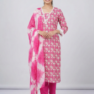 Cotton 3 Pc Pink Kurti Set